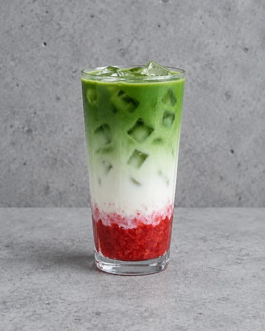 Strawberry Iced Matcha Latte — Matcha latte layered over milk and strawberry